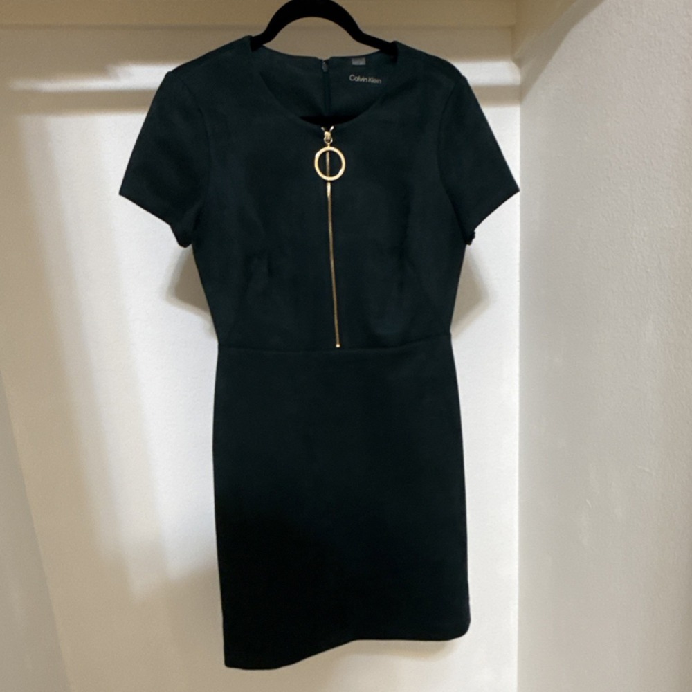 Calvin Klein Dark Green Sheath Dress Size 8 Short Sleeve Zip Closure